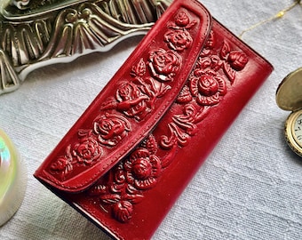 Red Rose Embossed Leather Wallet • Handmade Vintage Women’s Wallet • Personalized Floral Gift