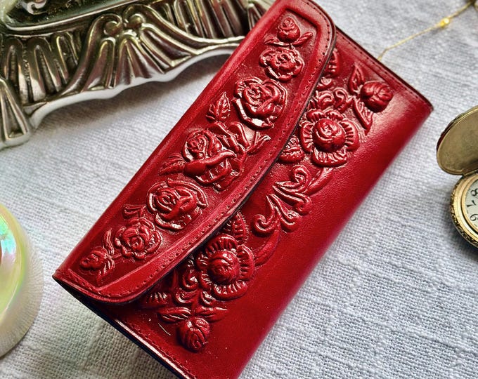 Red Rose Embossed Leather Wallet • Handmade Vintage Women’s Wallet • Personalized Floral Gift