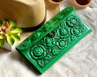 Tooled roses leather wallets for women• leather wallets • wallets for ladies • gifts for her • money purse • long wallet