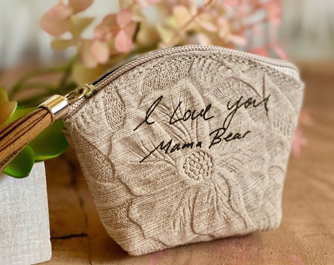Custom Handwriting engraved leather zipper pouch • personalized signature gift • Meaningful gift