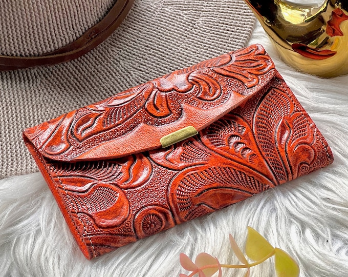 Handmade embossed floral leather small wallets for women • slim leather cute wallets • travel wallets • compact wallet