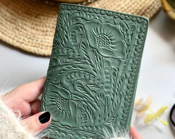 Floral Tooled Leather Passport Cover • Leather Passport Holder with AirTag Pocket • Travel Gift for Her