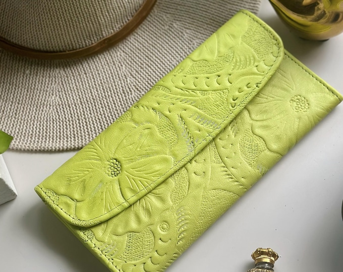 Soft Leather Wallet for Women • Embossed Leather Wallet • Personalized Gift for Her • Cute Slim Wallet