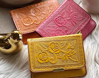 Handmade Small Leather Wallet for Women: Floral Personalized Wallet