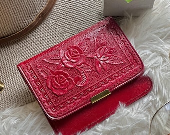 Minimalist Leather Wallet • Vintage Small Wallet with ID Window • Embossed Roses • Gifts for Her & Mom