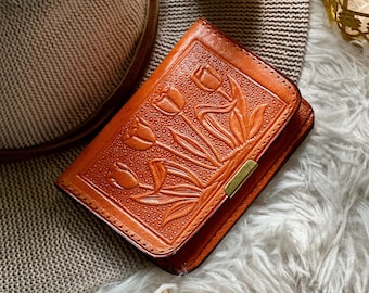 Embossed Leather Women's Small Wallet • Handmade Floral Card Holder