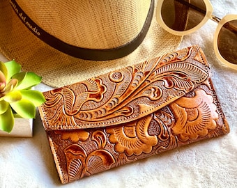 Handmade Carved Leather Wallet • Personalized Gift for Her • Floral Wallet with Clasp • Mother’s Day Gift • Engraved Leather Wallet
