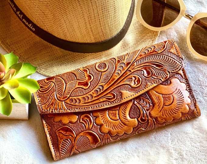 Featured listing image: Handmade carved leather woman wallet • woman leather wallet • Gifts for her