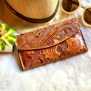 Handmade Carved Leather Wallet • Personalized Gift for Her • Floral Wallet with Clasp • Mother’s Day Gift • Engraved Leather Wallet