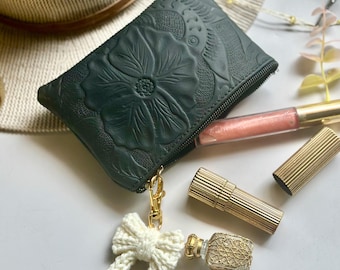 Embossed Leather Zipper Pouch – Small Floral Makeup & Cosmetic Bag