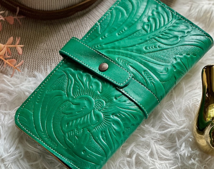 Floral Embossed Green Leather Wallet: Handmade Women’s Wallet with Orchid Design