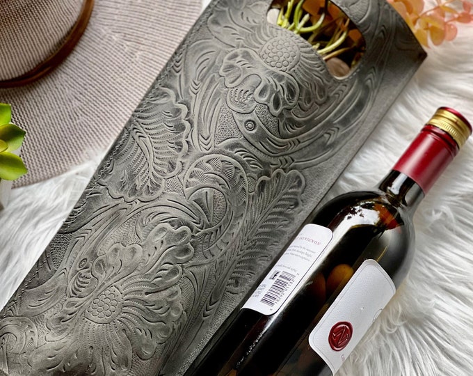Personalized Leather Wine Tote Bag: Handmade Floral Embossed Carrier