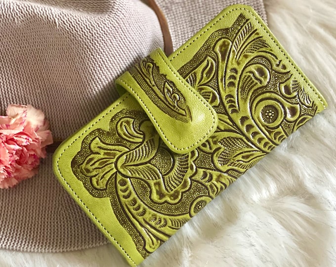 Leather Woman Wallets: Bohemian & Mandala Designs • Gift for Her • Embossed Flowers Handcrafted Tooled Wallets