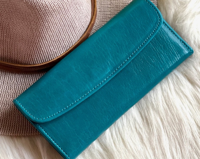 Engraved Teal Leather Wallet for Women • Handmade Long Wallet