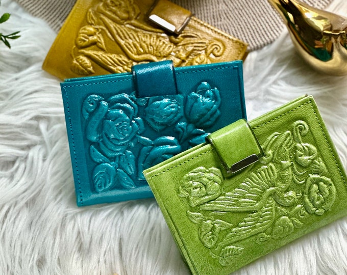 Handmade Leather Bifold Wallet: Embossed Floral Small Wallet