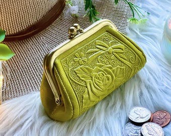 Handmade Leather Kisslock Coin Purse: Vintage Rose Design