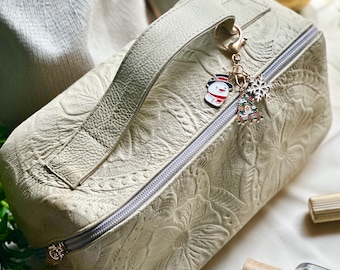 Handcrafted Leather Makeup Bag – Christmas Edition  • Embossed Floral Toiletry Bag • Sustainable Leather Cosmetic Bag