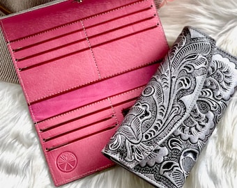Floral Leather Wallet for Women, Personalized Trifold Wallet, Engraved Gift for Mom or Wife