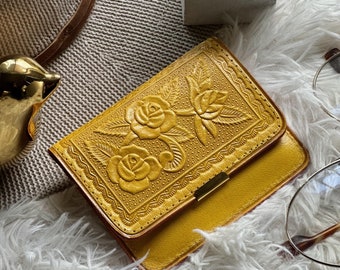 Embossed Rose Leather Wallet: Vintage Style Small Wallet with ID Window