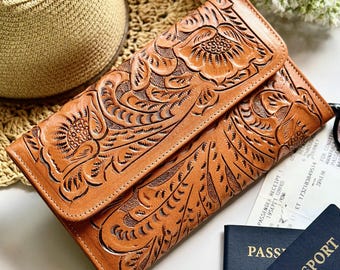 Family Passport Holder • Tooled Leather Travel Wallet • Gift for Mom