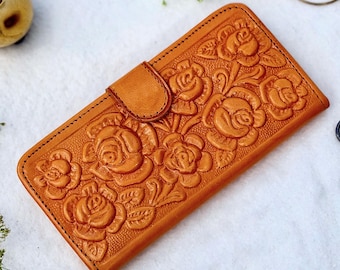 Small Leather Wallet for Women – Personalized Engraved Floral Bifold – Handmade Sustainable Rose Wallet Gift for Her