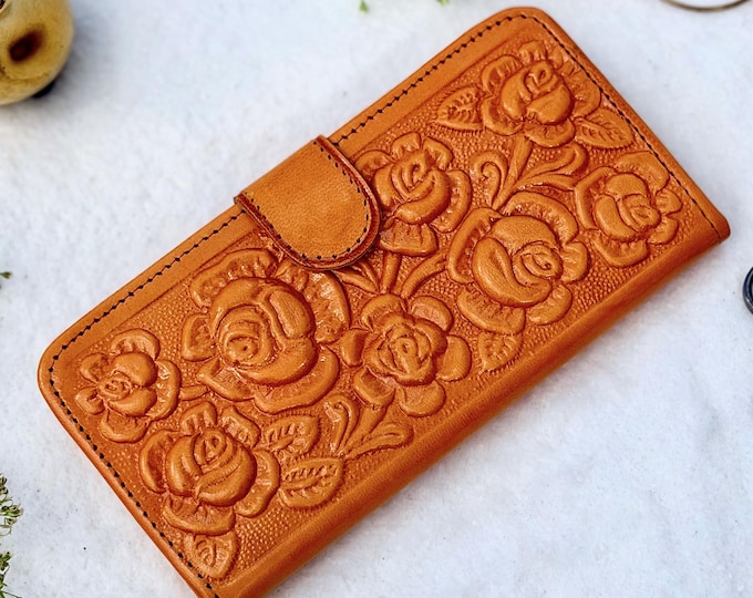 Small Leather Wallet for Women – Personalized Engraved Floral Bifold – Handmade Sustainable Rose Wallet Gift for Her