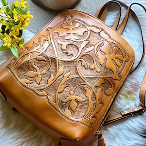 Handmade tooled leather backpack purse for women in boho western style with adjustable straps