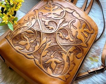 Tooled Leather Backpack Purse for Women, Boho Western Backpack, Handmade Engraved Leather Bag