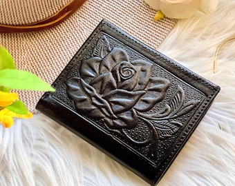 Minimalist pocket size leather wallets for women • women's wallets • slim leather wallets • Embossed roses ladies wallets.