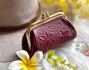 Handmade Embossed Leather Coin Purse: Plumeria Flower Clasp, Vintage Style