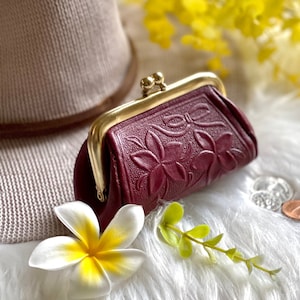 Handmade Embossed Leather Plumeria Coin Purse •  Frangipani Flower clasp coin purse • personalized Gifts for her