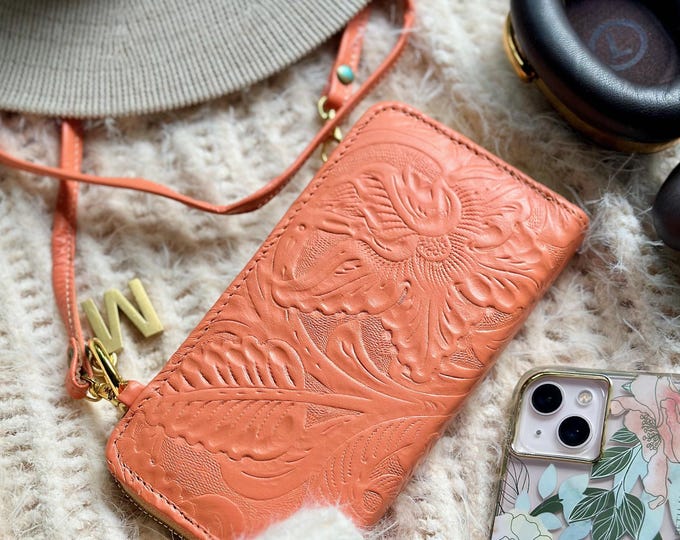 Handmade Floral Embossed Leather Wristlet: Crossbody Clutch Wallet