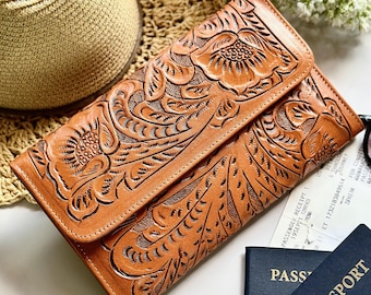 Family Passport Holder for 4 • Tooled Leather Travel Wallet • Boho Western Passport Cover • Personalized Gift for Her