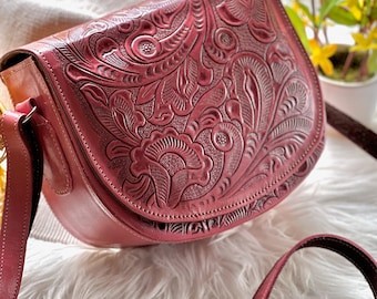 Handcrafted Embossed Genuine Leather Saddle Bag • Crossbody Purse