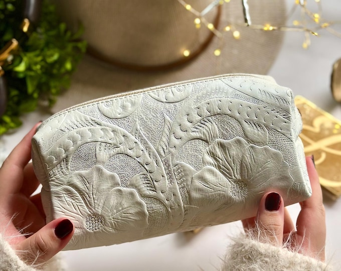 Handmade Leather Floral Makeup Bag: Personalized Boho Cosmetic Case