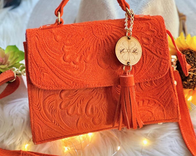 Handcrafted Small Leather Crossbody Bag • Embossed Floral Purse • Vibrant Messenger Bag • Personalized Gift for Her