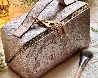 Rose Gold Leather Makeup Bag, Floral Embossed Travel Cosmetic Organizer, Personalized Gift for Her