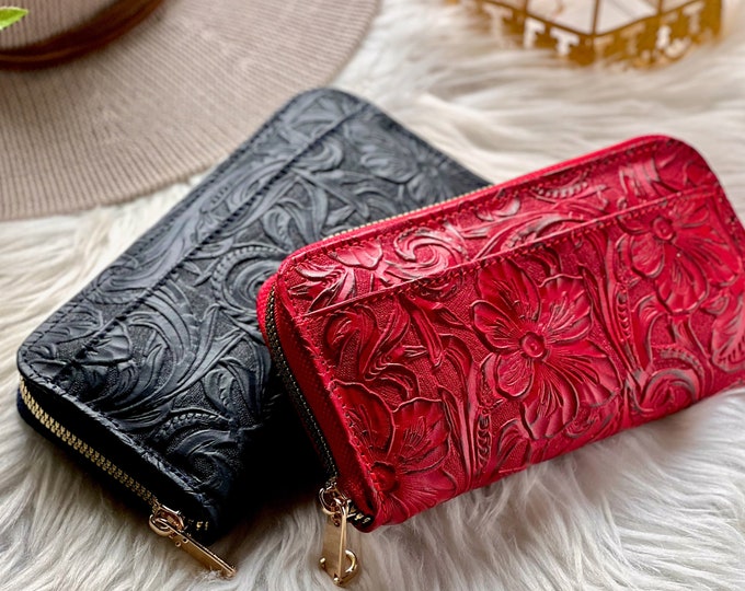 Floral embossed zipper leather women's wallets • leather wallet women • women zipper wallet • gifts for women