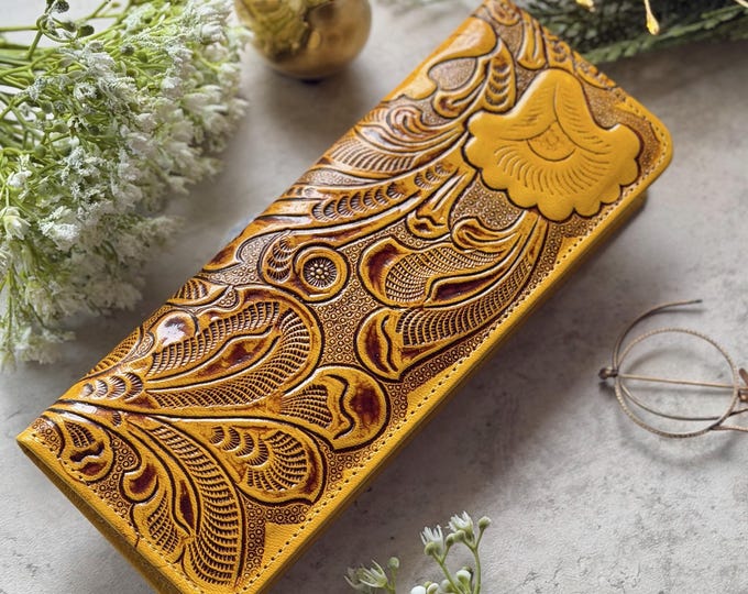 Handmade Tooled Leather Checkbook Wallet • Floral Design, Personalized