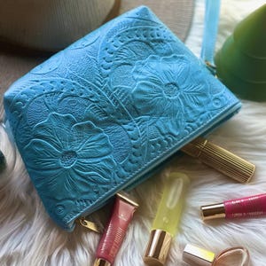 Embossed Leather Makeup Bag:  Travel Handmade Tooled Cosmetic Bag