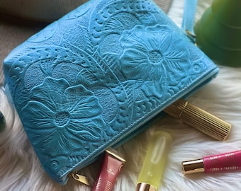 Embossed Leather Makeup Bag:  Travel Handmade Tooled Cosmetic Bag
