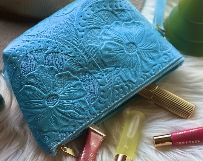 Embossed Leather Makeup Bag:  Travel Handmade Tooled Cosmetic Bag-