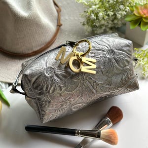 Personalized Leather Makeup Bag for Mom: Floral Embossed Sustainable Pouch