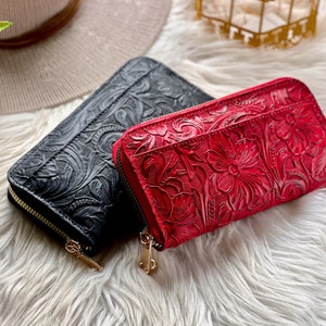 Carteras de mujer de cuero con cremallera en relieve floral • billetera de cuero para mujer • billetera con cremallera para mujer • regalos para mujer
