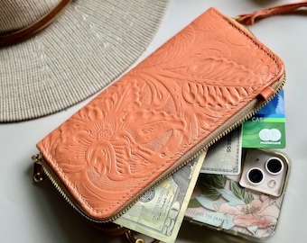 Floral Leather Clutch Purse • Handmade Wristlet Bag • Elegant Personalized Gift for Women