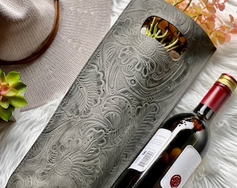 Handcrafted Wine bottle holder • Embossed leather wine caddy • Personalized Gifts • Leather wine accessories