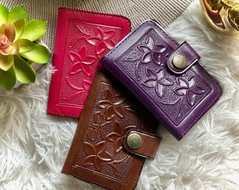 Leather Credit Card Holder • Women's Wallets with Plumeria Flowers • Minimalistic Slim Card Wallet • Gifts for Her