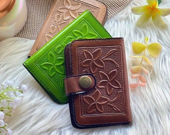 Plumerias Flower Leather Small Wallets • Women's  Mini Wallets • Personalized Gifts•  Sustainable Designs, Birth Flowers, Bifold Wallets