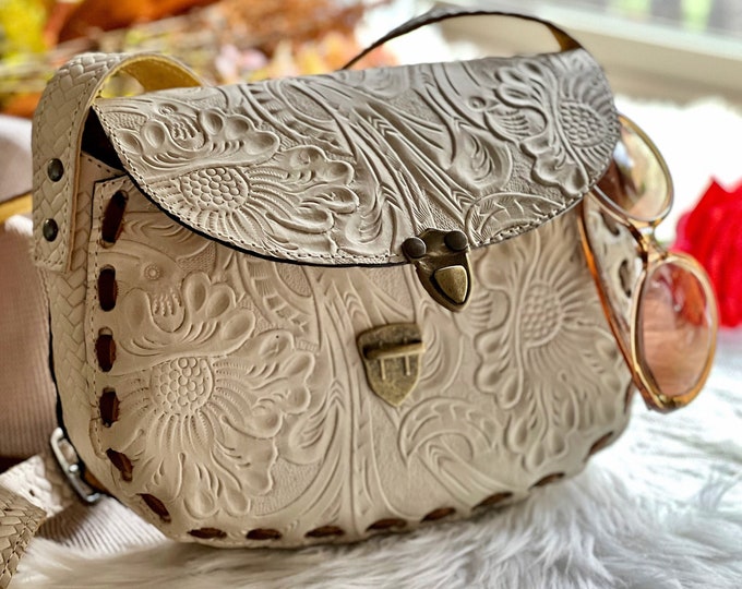 Bohemian Embossed Leather Crossbody Bag: Stylish Saddle Handbag & Personalized Gifts for Her