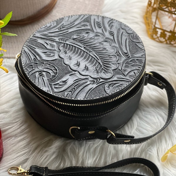 Cute tooled leather round bag • crossbody bag women • leather gifts for her • small bags for women